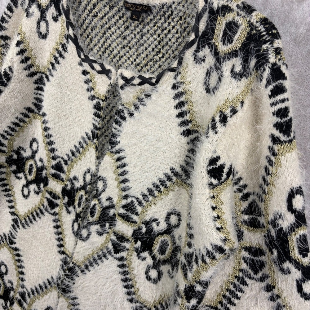 Alberto Makali XL Fuzzy Metallic Geometric Diamond Knit Cardigan Cream Statement - Picture 12 of 13